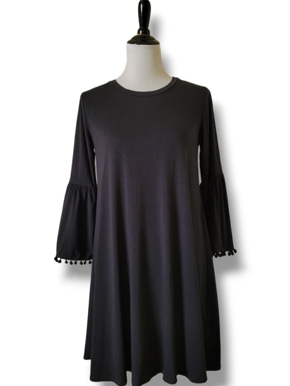 Johnny Was Calme Flute Sleeve Swing Dress XS Black Pom Pom A Line